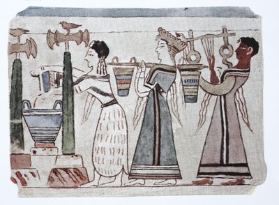 Moda, Ege Fenike kültürü, MÖ 2000-500 Bir arpçının arkasında su kovaları olan kadınlar by Unknown artist
