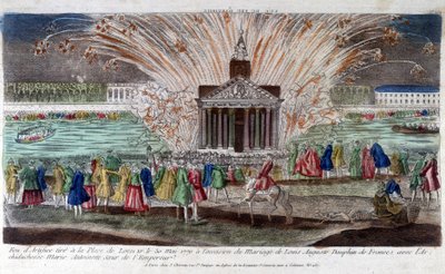Louis Auguste, Fransa Dauphin'in İmparator'un kızkardeşi Arşidüşes Marie Antoinette ile evlenmesi vesilesiyle, 30 Mayıs 1770'de Place de Louis XV'e havai fişekler atıldı. 18. yüzyılın sonlarında gravür. by Unknown artist