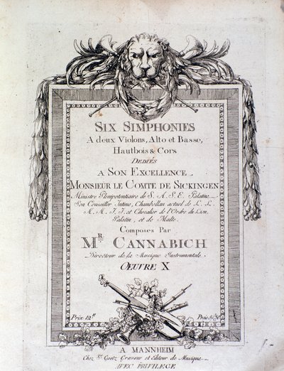 senfoni notalarının ilk sayfası 3 tarafından Christian Cannabich by Unknown artist