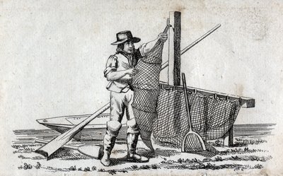 Balıkçı ve balık ağı. 18. yüzyılın güzel gravürü. Özel koleksiyon. by Unknown artist