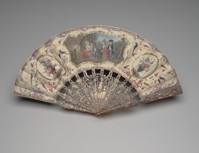Sütanne ziyareti sahneli katlanır yelpaze, c.1780 (çift ipek yaprak üzerine guaj, pirinç, metalik iplik, bağa, yaldız, sedef ve macun taşlar) by Unknown artist