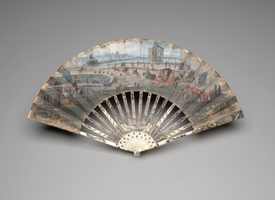 Pont Neuf manzaralı katlanır yelpaze, c.1755-60 (çift parşömen yaprağı üzerine guaj ve suluboya, fildişi, yaldız, guaj, sedef ve macun taşları) by Unknown artist