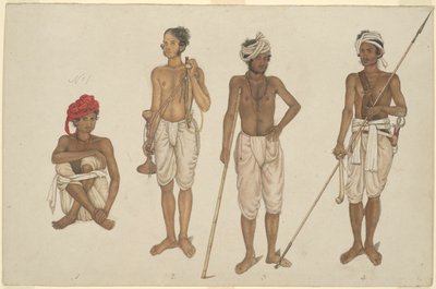 Beyaz Dhotis giymiş dört acemi asker, Fraser Albümünden bir sayfa by Unknown artist