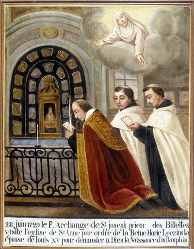 Aziz Joseph Başmeleği, Billettes Öncesi, Louis XV'in karısı Kraliçe Mary Leszczynska'nın emriyle Tanrı'dan bir yunusun doğumunu istemesi için Saint Anne kilisesini ziyaret ediyor, 28 Haziran 1729 - Ex-Voto Sainte Anne d'Auray by Unknown artist