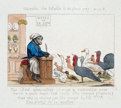Fransız Devrimi: “” Assembllee des notables du 22 Şubat 1787”” Hindi, tavuk, kaz ve hindilerden oluşan bir meclise başkanlık eden maymun aşçıda Kral XVI. Louis
