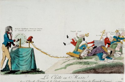 Fransız Devrimi: despotizmin sonu. Bir adam, tahtlarından düşen Avrupalı yöneticilere elektrik deşarjları (insan hakları krankı) gönderir. 1789 civarında gravür. Paris, Musee Carnavalet by Unknown artist