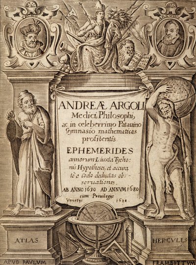 Andreae Argoli tarafından Herkül ve Atlas ile “” Ephemerides “” Frontispice by Unknown artist