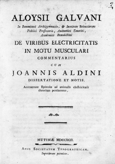 ""De Viribus Electricitatis in Motu Musculari Commentarius""" adlı ön yazı, İtalyan fizikçi Luigi Galvani'nin hayvanların kaslarındaki elektrik dolaşımı üzerine bir inceleme by Unknown artist