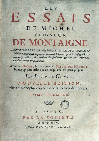 Fransız yazar ve hümanist Michel de Montaigne (1533-1592) tarafından yazılan “Les denemeler”in ön yüzü. 1725 Barselona. Biblioteca de Catalunya by Unknown artist