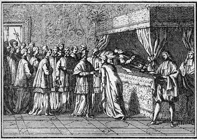 18. yüzyılda bir papanın cenazesi: ölü papanın cesedinin tanınması. “Histoire des Religions” da gravür. by Unknown artist