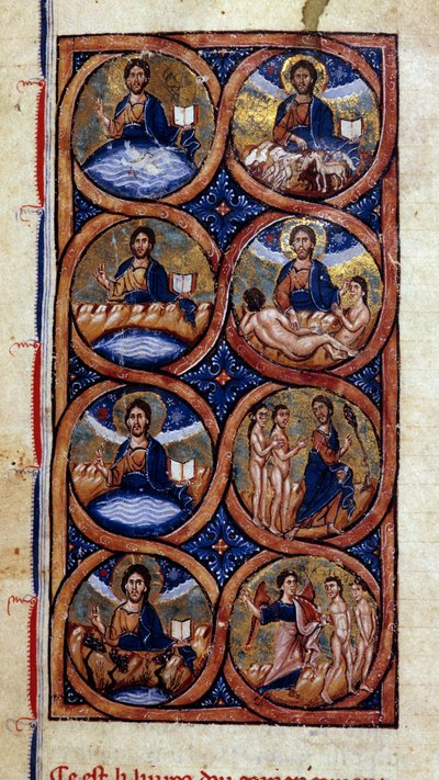 Genesis: dünya yaratılışının farklı aşamalarının temsili (kozmogoni). Bir el yazması “Evrensel Tarih”ten minyatür”” 13. yüzyıl. Dijon Belediye Kütüphanesi by Unknown artist