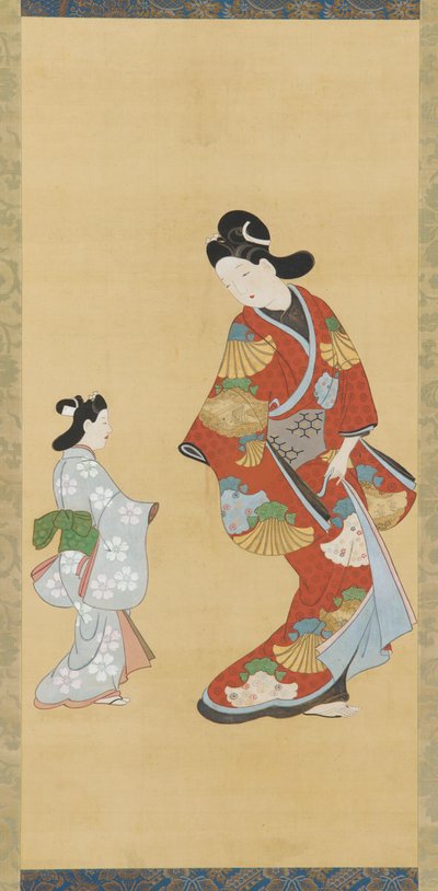 Bir çocuk ile kırmızı ve altın elbiseli kız by Unknown artist