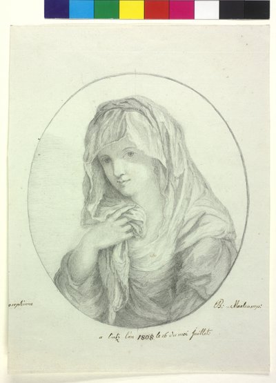 Başının etrafında çarşaf olan genç bir kadının yarım boyu Peçeli bakire kadın by Unknown artist