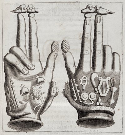 “Mensae Isiaca”da eller (Tanrıların Ulu Anası, mühürleri, mücevherleri, tılsımları ve bazı figürlerinin konuşması) by Unknown artist