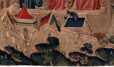 Aziz Piat ve Aziz Eleuthère'nin Tarihi, 9. Sahne Saint-Éleuthère'in Tournai piskoposu olduğu doğrulanır (Au boin saint l'eveschiét donne est chi du pape et confermée). Alt orta detay. Şehir sur duvarları, evler. by Unknown artist