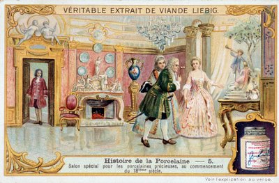 Porselenin tarihi: 18. yüzyılın başında değerli porselenler için özel salon - Liebig Kromolitografisi by Unknown artist