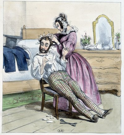 Nişanlısının mektubuyla yapılan bir züppenin sadakatsizliği üzerine mizahi çizim - çizim by Unknown artist