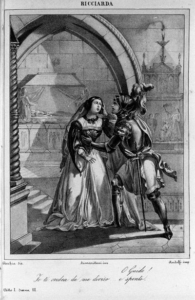 İtalyan şair ve oyun yazarı Ugo Foscolo (1778-1827) tarafından “Ricciarda”nın I. Perdesinin 3. Sahnesi için İllüstrasyon 19. yüzyıl by Unknown artist