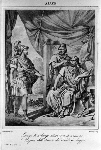 İtalyan şair ve oyun yazarı Ugo Foscolo (1778-1827) tarafından “Ajax”ın (Aiace) II. Perdesinin 9. Sahnesi için İllüstrasyon 19. yüzyıl by Unknown artist