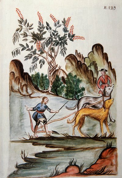 Baltazar Martinez Compañón y Bujanda, Trujillo piskoposu (1782-1785) tarafından yazılan "Trujillo del Peru" veya "Códice Martínez Compañón" kitabından köpeklerle tarla süren Kızılderililer by Unknown artist