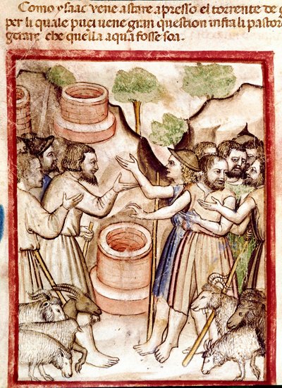 Isaac, Guerar vadisinde kuyular kazıyor ve vadinin çobanları onu tartışıyor, 212 kodeksinden (ya da padovano kodu veya Padova İncili) alınan minyatür 1390-1400 Rovigo, Accademia dei Concordi by Unknown artist