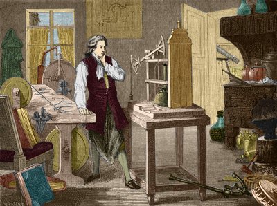 James Watt, Newcomen makinesinin (1767) (buhar motoru) mükemmelleştirilmesini inceliyor - “” Bilim Albümü