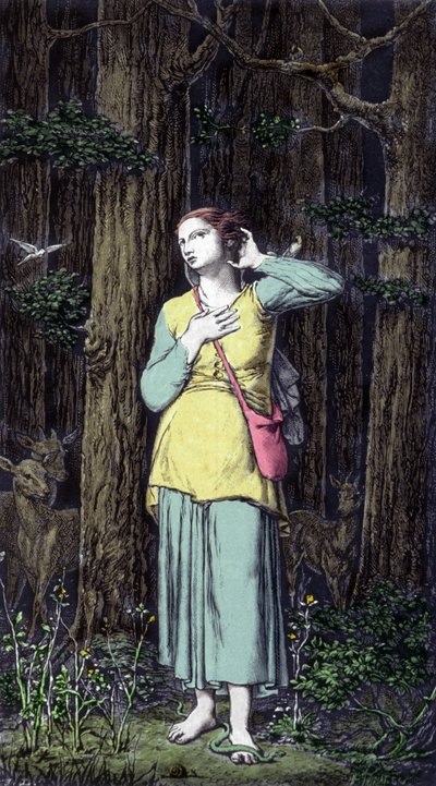 Joan of Arc onun Celest sesini duyar: Başmelek Saint Michael, Saint Catherine ve Saint Margarita ona krala yardım etmesi için Fransa