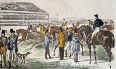 Jokeyler ve atları yarış öncesi - gravür, c. 1850 by Unknown artist