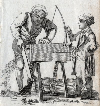 Marangoz ve çırak. 18. yüzyılın sonlarında gravür. Özel koleksiyon. by Unknown artist