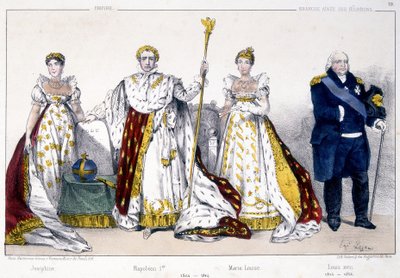 Josephine, Napoleon 1er, Marie Louise ve Louis XVIII - “La Monarchie francaise en estampes” da by Unknown artist