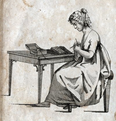 Örgü makinesi: Yün ören kadın (örme) 18. yüzyılın sonlarına doğru gravür. Özel koleksiyon. by Unknown artist