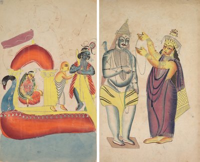 Krishna Yamuna Nehri (rekto) Karşısında Radha Feribotu; Parivati, Shiva'ya Düğün Çelengi Yerleştirme (verso) by Unknown artist