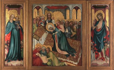 La mort de la Vierge - Retable de Roudnice (, vers 1410 - The Death of the Virgin. Roudnice Altarpiece - Anonim. Tempera on panel, c.1410. National Gallery, Prag by Unknown artist