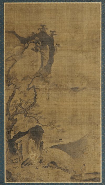 Peyzaj: dağlar ve su; çam ağacının altında bir figür by Unknown artist