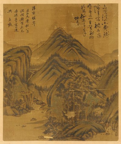 Peyzaj: ağaçlar, evler ve tepeler arasında bir dere by Unknown artist