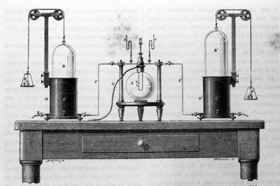 Bir cam şişede yanan oksijen ve hidrojen gazları vasıtasıyla su oluşumu için Lavoisier ve Laplace aparatı. 19. yüzyılın gravürü. by Unknown artist