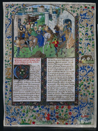 Jehan de Courcy'nin "Chronique Universelle" adlı eserinden bir yaprak: Kral Priam, Truva Kapıları'nın dışında Helen ve Paris ile Buluşuyor by Unknown artist