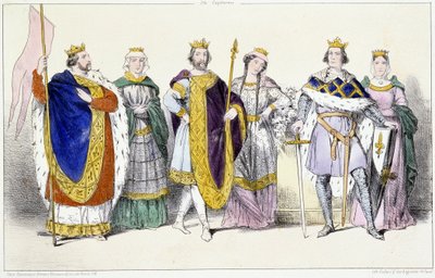 Capetliler: Louis VI Le Gros (1081-1137) ve Savoy Adelaide (yaklaşık 1100-1154), Louis VII Le Jeune (1120-1180) ve Adele of Champagne (veya Blois) (yaklaşık 1140-1206), Philippe II dit Philippe Auguste (1165-1223) ve Isabelle de Hainaut (1170-1190) - Plaka by Unknown artist