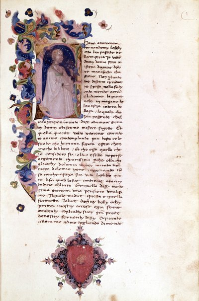 “” Teseide ”” yazısının minyatür sayfasındaki “” a ” harfi. Giovanni Boccacio (Boccacio) (1313 - 1375). 15. yüzyıl el yazması. Trivulziana Milano. by Unknown artist