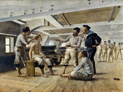 Fransız savaş gemisinde yaşam: gemi berberi denizcileri tıraş ediyor, c.1800 by Unknown artist