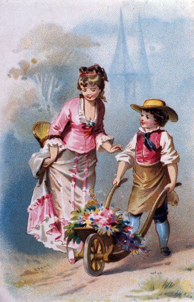 Küçük bahçıvan: El arabası çiçeklerle dolu genç bir çocuk, köy yolunda genç bir kadınla konuşuyor. kromolitograf 1880. by Unknown artist