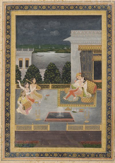 Üç müzisyenle terasta aşıklar by Unknown artist