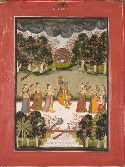 Malar Ragini: Krishna, Ragamala Serisinden Müzik Aletlerini Tutan Yedi Gopiye Flüt Çalıyor by Unknown artist