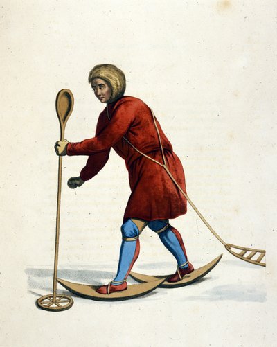 Ostiak kabilesinin adamı (Khanty veya Khante) (Sibirya) kayak yapıyor. "Rus imparatorluğunun kostümü" Londra 1803 gravürü. by Unknown artist