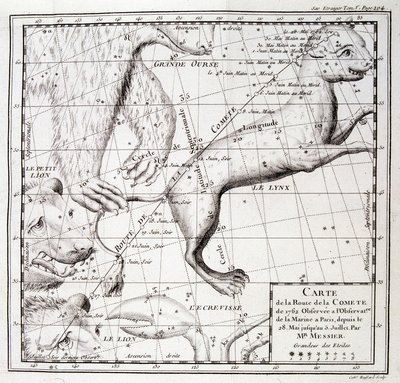 Messier tarafından gözlemlenen 1762 kuyruklu yıldız yolu ve gökyüzü haritası - gravür by Unknown artist