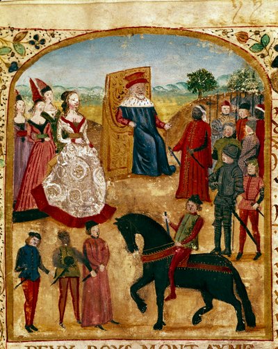 Yorklu Margaret (veya Margaret Plantagenet veya Burgundy veya İngiltere) (1446-1503) kocası Charles the Temerary olarak bilinen Valois Burgundy Charles ile tanışır, Burgundy Dükü Damme 03/07/1468 “” Gerçekler Kitabından alınan minyatür Büyük İskender
