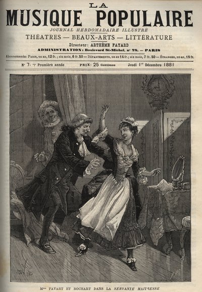 Pergolese (Giovanni Battista Pergolesi) tarafından “Servante Maitresse”de (Serva padrona) Madame Favart olarak adlandırılan Marie Justine Benoite Duronceray ve Rochart (Rochard) - haftalık ünlü “popüler müzik” gazetesinde gravür - 1882 by Unknown artist
