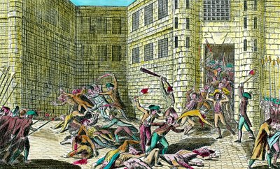 Eylül 1792'de Saint Germain Manastırı'ndaki mahkumların halk tarafından katledilmesi. Fransız Devrimi sahnesi. 18. yüzyılın gravürü. Özel koleksiyon. by Unknown artist