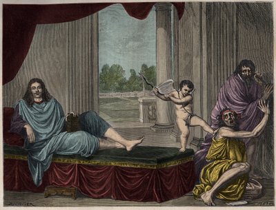 Moliere Jean Baptiste Poquelin (1622-1673), kötülüğü ortadan kaldırmak ve ikiyüzlülüğü ortadan kaldırmak için komedi Cinini çağrıştırıyor - 17. yüzyıldan kaybolan bir tablodan sonra gravür by Unknown artist