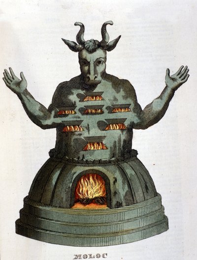 Dikenli kertenkele. Antik Kartaca tanrısı. Çocukları ateşe atarak ona kurban ettik. 19. yüzyılın gravürü. by Unknown artist